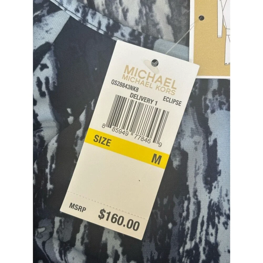 Michael Kors Blue/Black Light Academia Long-Sleeve Belted Dress Women M New